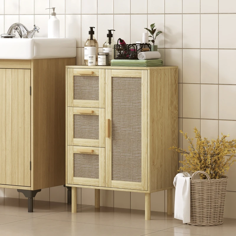 HOMCOM Armoire meuble de rangement style bohème avec 3 tiroirs et 3 étagères, façade rotin tissé, compact, 55 x 30 x 82 cm