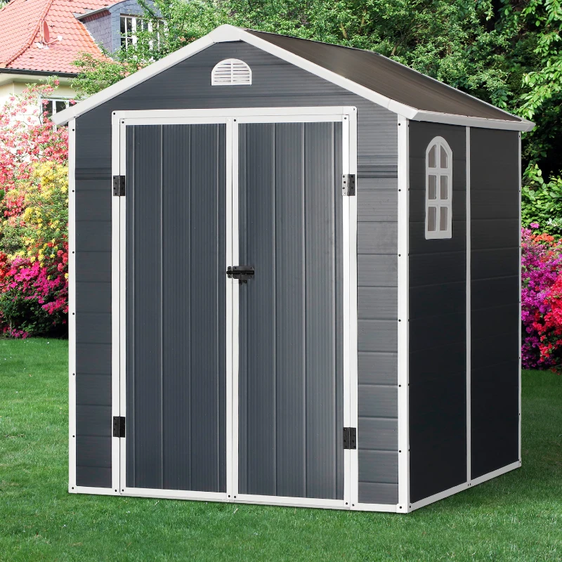 Outsunny 6.5ft x 6.5ft Plastic Garden Storage Shed Waterproof Outdoor Patio Equipment Tool Storage w / Latch & Window - Grey