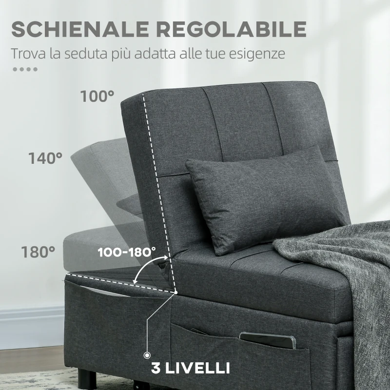 HOMCOM Poltrona Letto Singolo 3 in 1 Reclinabile a 3 Livelli con Cuscino, in Tessuto Effetto Lino, 65.5x104x81 cm, Grigio