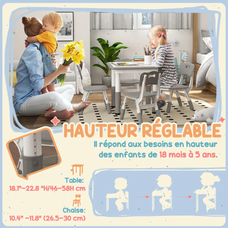 AIYAPLAY Ensemble 1 table et 4 chaises pour enfants à hauteur réglable, set de 5 pièces, gris