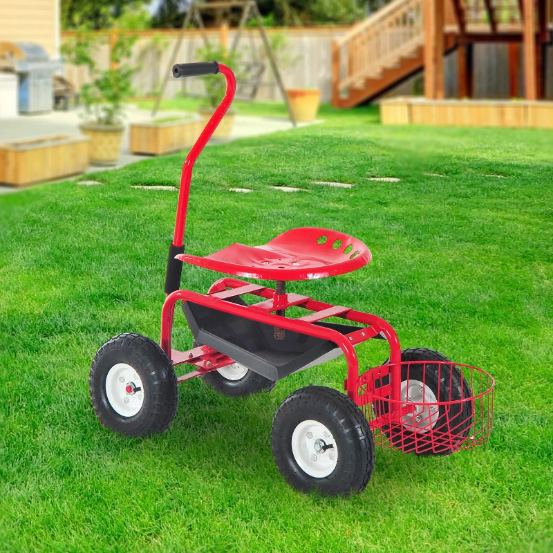 Outsunny Adjustable Rolling Garden Cart Outdoor Gardening Planting Station Trolley Swivel Gardener Work Seat Heavy Duty With Tool Tray & Basket Red 150kg