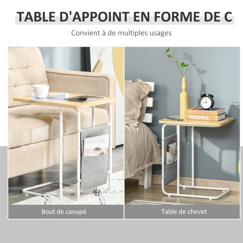 HOMCOM Table Basse Table d'appoint guéridon Bout de canapé 2 Pochettes de Rangement Tissu Gris châssis métal Blanc Plateau Aspect Bois Clair