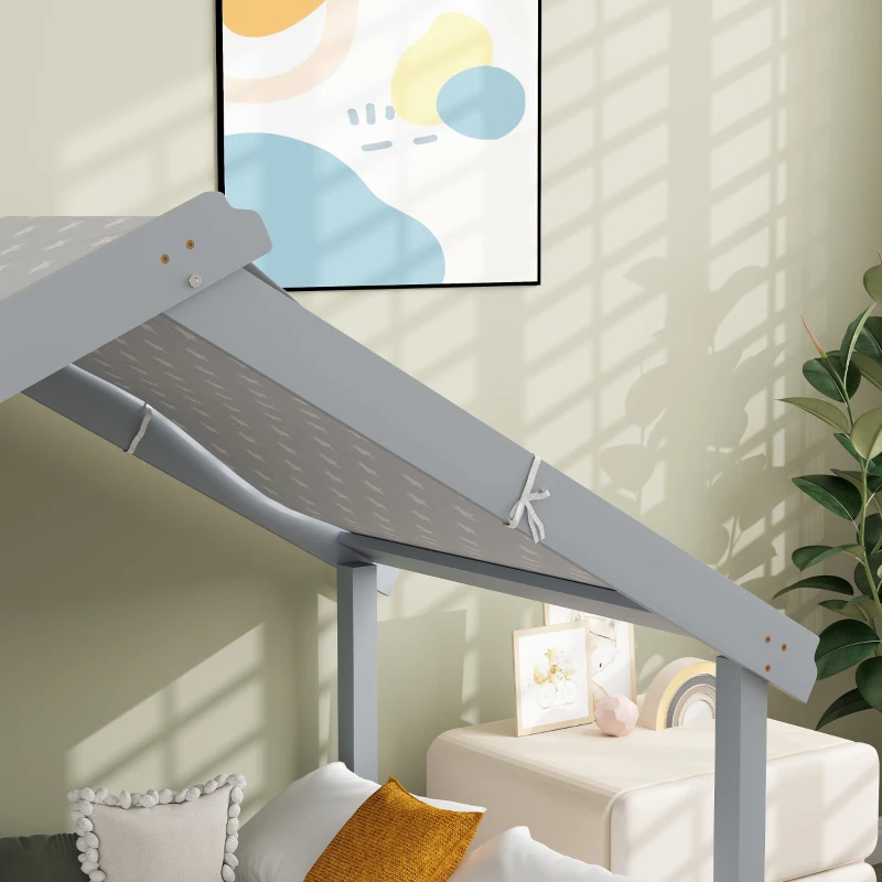 HOMCOM Letto a Casetta in Legno di Pino a 15 Doghe con Tetto Stellato in Tessuto, 213x100x140 cm, Grigio