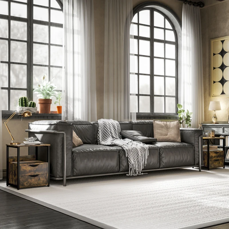 HOMCOM Industrial Side Table Set of 2, Sofa Table with Drawer, Bedside Cabinet with Storage Shelf, Slim Nightstand for Living Room, Bedroom, Rustic Brown