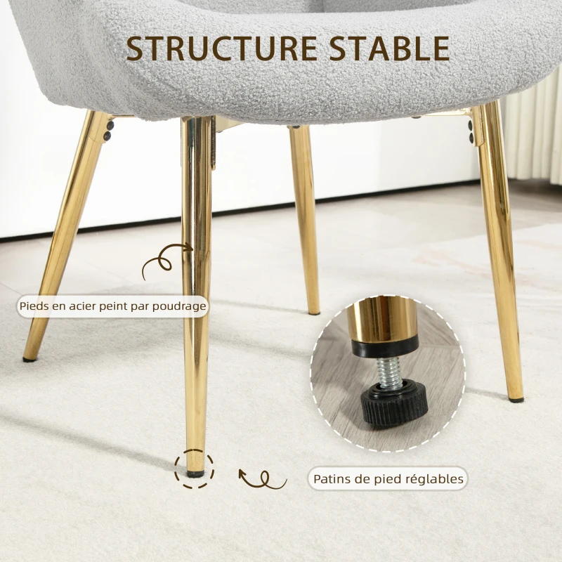 HOMCOM Ensemble fauteuil avec repose-pieds, tissu bouclette gris et pieds en métal doré, dossier haut, grand confort