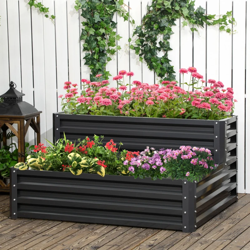 Outsunny 2 Tier Raised Garden Bed, Galvanised Planter Box with Open Bottom for Vegetables Flowers Herbs, 120x101x58cm, Dark Grey