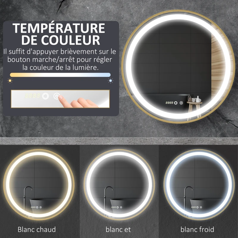 kleankin Miroir rond lumineux LED avec 3 couleurs de température, interrupteur tactile, affichage de l'heure, fonction mémoire