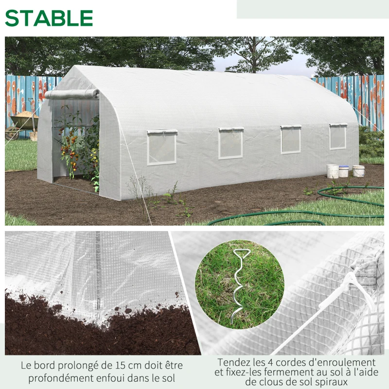Outsunny Serre tunnel de jardin porte + 8 fenêtres enroulables métal galvanisé bâche PE haute densité métal galvanisé blanc