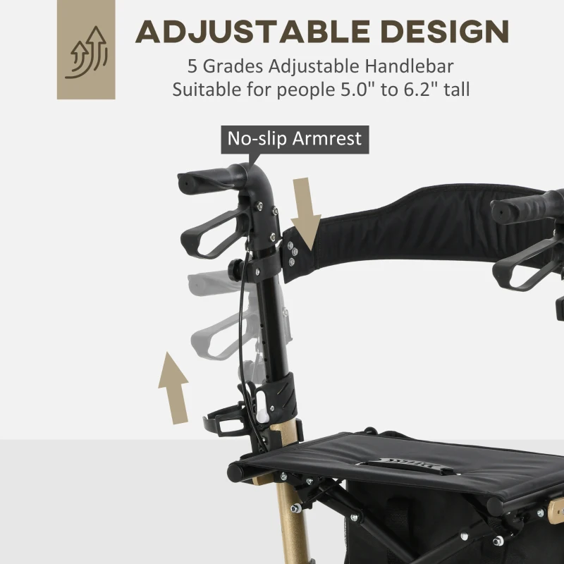 HOMCOM Folding Rollator with Cane Holder, Adjustable Handle Height and Aluminum Frame, 4 Wheeled Mobility Walker with Seat and Bag, Gold