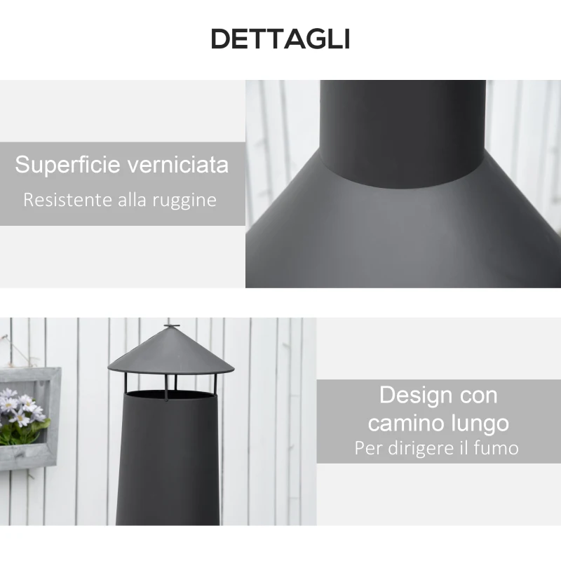 Outsunny Braciere da Giardino in Metallo con Camino, Porta Legna e Attizzatoio, Φ44.5x133 cm, Nero