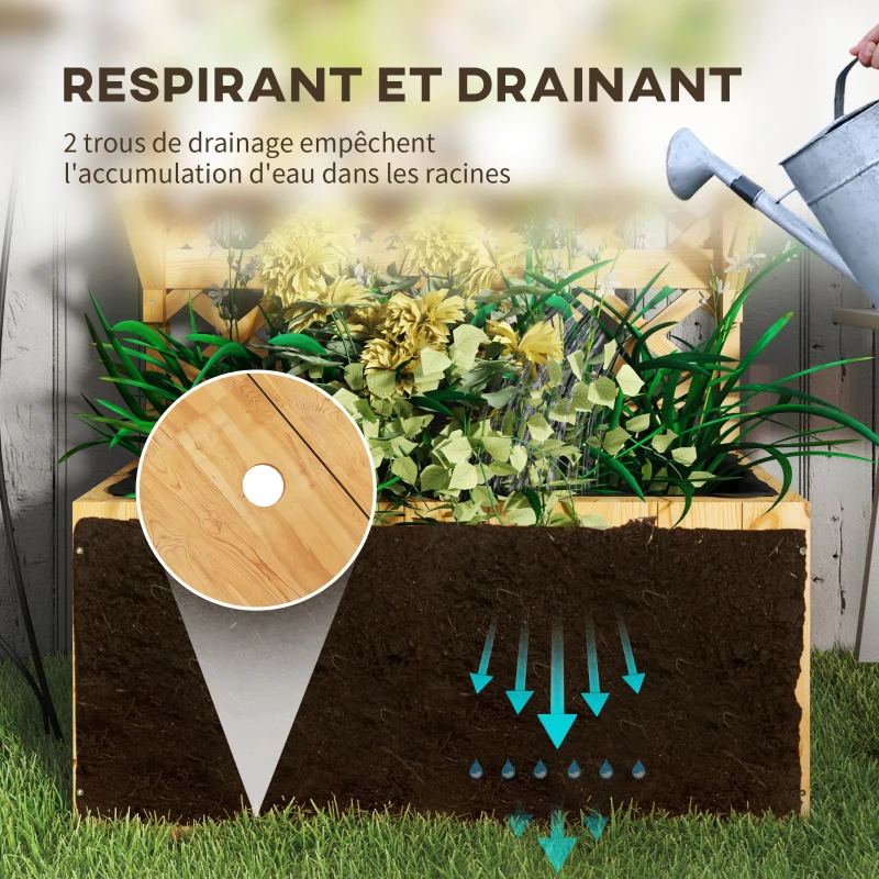 Outsunny Jardinière avec treillis lit surélevé de jardin en bois avec toit suspendu, trous de drainage et doublure, naturel