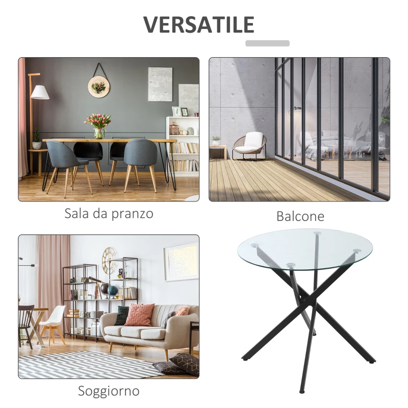 HOMCOM Tavolo Rotondo in Vetro e Gambe Incrociate in Metallo, Tavolino Moderno per Soggiorno e Studio, 80x80x75cm, Nero