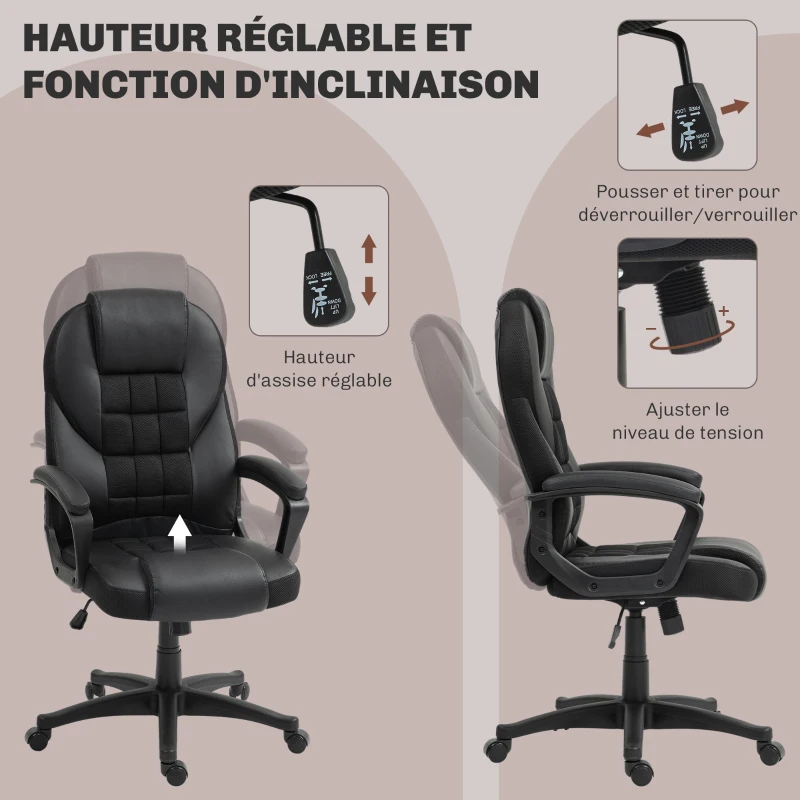 HOMCOM Chaise de bureau, fauteuil de bureau, avec fonction basculante et assise pivotante à 360°, 65l x 69P x 110-120H cm, noir