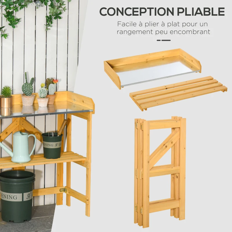 Outsunny Table de rempotage pliable - table de jardinage avec étagère plateau acier galvanisé avec rebord - table de plantation bois sapin pré-huilé