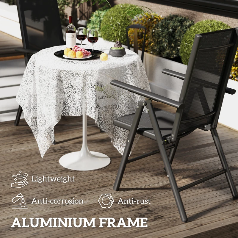 Outsunny Set of 2 Folding Garden Chairs, Aluminium Frame Outdoor Dining Chairs with Breathable Mesh Back and Seat, Garden Folding Chair Set with Armrests for Balcony, Black