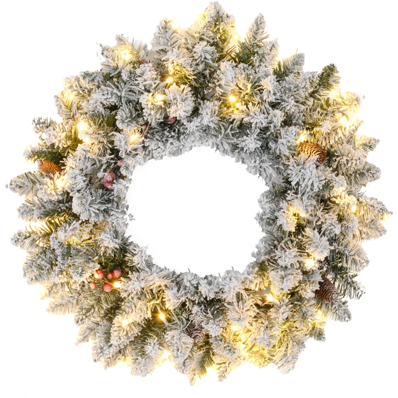 HOMCOM 60" Snowy Pine Cone and Berry Christmas Wreath, with LED Lights