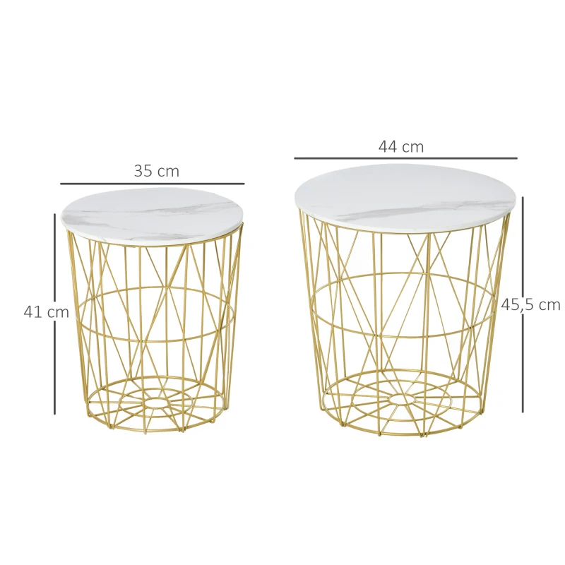 HOMCOM Lot de 2 Tables Basses gigognes - Tables d'appoint Rondes encastrables Style néo-rétro Bicolore Structure métal doré Plateau MDF Aspect marbre Blanc