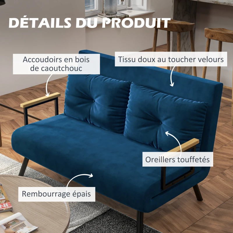 HOMCOM Canapé convertible 2 places avec dossier réglable à 5 niveaux et 2 coussins rembourrés, revêtement effet velours, bleu