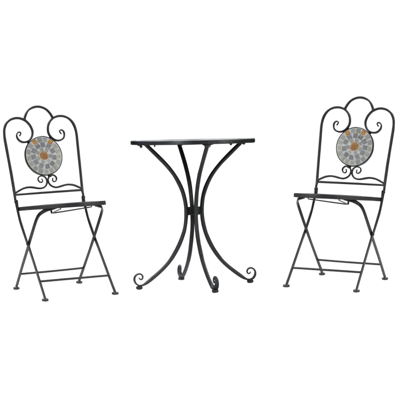Outsunny Set da Giardino 3 Pezzi, 2 Sedie Pieghevoli e 1 Tavolo, Design a Mosaico, Grigio