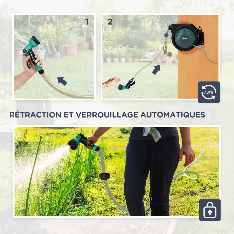 Outsunny Enrouleur tuyau arrosage dévidoir de tuyaux d'eau 30+2 m support mural + poignée pivotant à 180° 59 x 23 x 42 cm noir