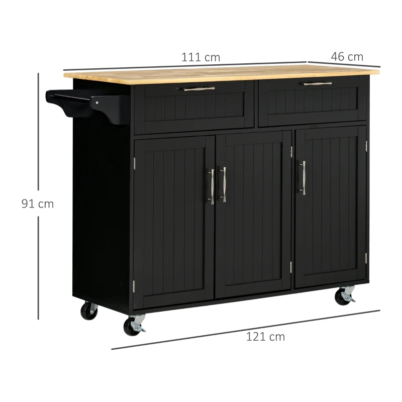 HOMCOM Carrello da Cucina in Legno con 2 Cassetti, Armadietto 3 Ante e 4 Ruote, 121x46x91cm, Nero