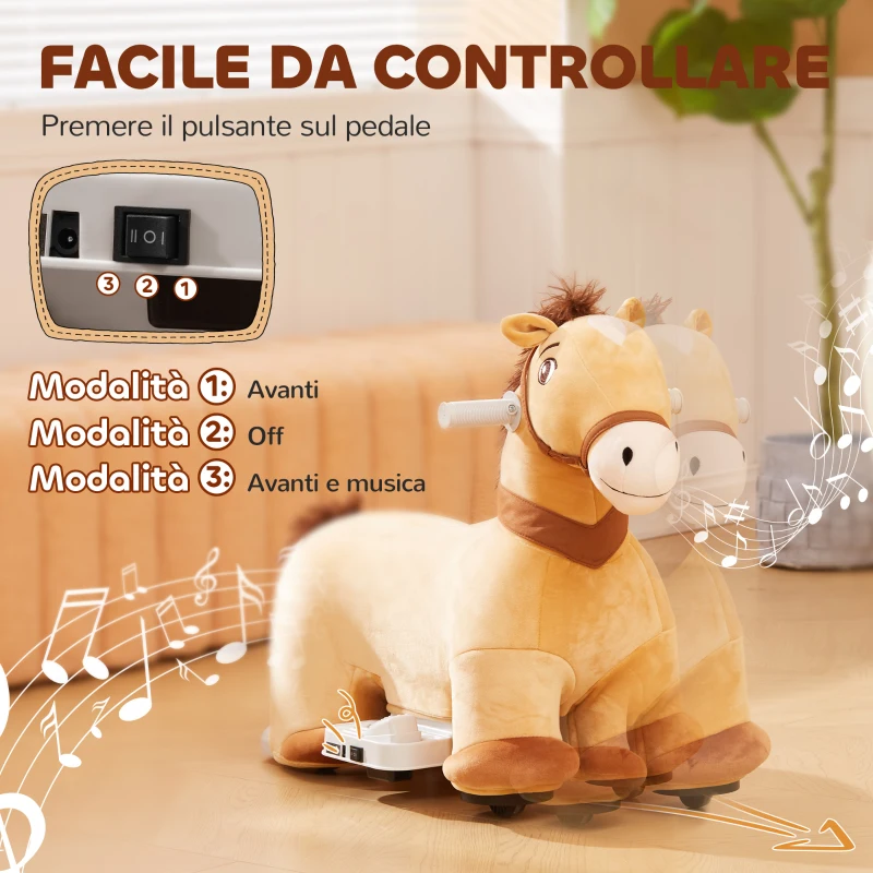 AIYAPLAY Cavallo Cavalcabile Elettrico 6V per Bambini da 18-36 Mesi con Ruote in PU e Musica, Marrone