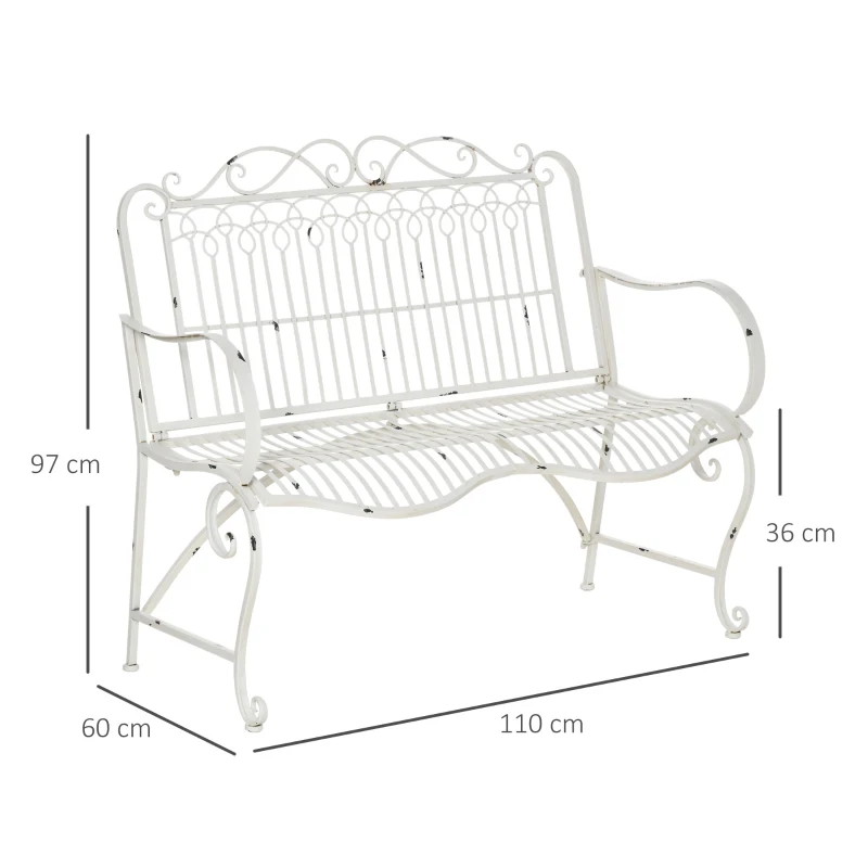 Outsunny Banco de Jardín de 2 Plazas 110x60x97 cm Banco de Exterior de Metal con Respaldo Decorativo y Reposabrazos para Terraza Balcón Patio Carga 200 kg Blanco