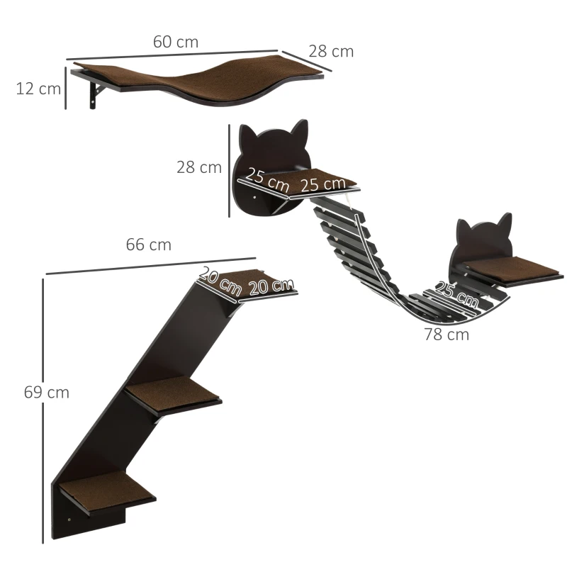 PawHut Three-Piece Wall-Mounted Cat Shelves w/ Jumping Platforms, Ladders - Brown