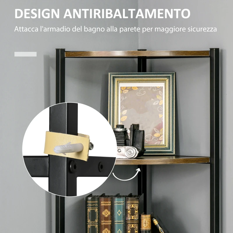 HOMCOM Libreria Moderna Angolare a 6 Ripiani in Metallo e MDF, 34x34x166cm, Marrone e Nero