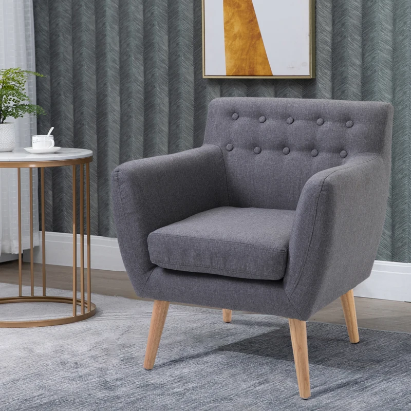 HOMCOM Poltrona Imbottita Moderna, Poltroncina da Camera Soggiorno con Braccioli Tessuto Legno 68 × 58.5 × 76cm Grigio Chiaro