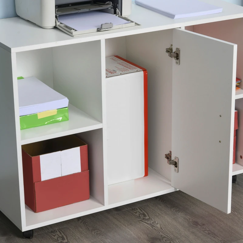 Vinsetto Mobile Office File Cabinet, Lateral Stationery Storage Cabinet, Printer Stand with Wheels, Kitchen Cabinet with Open Shelf and Cupboard, White