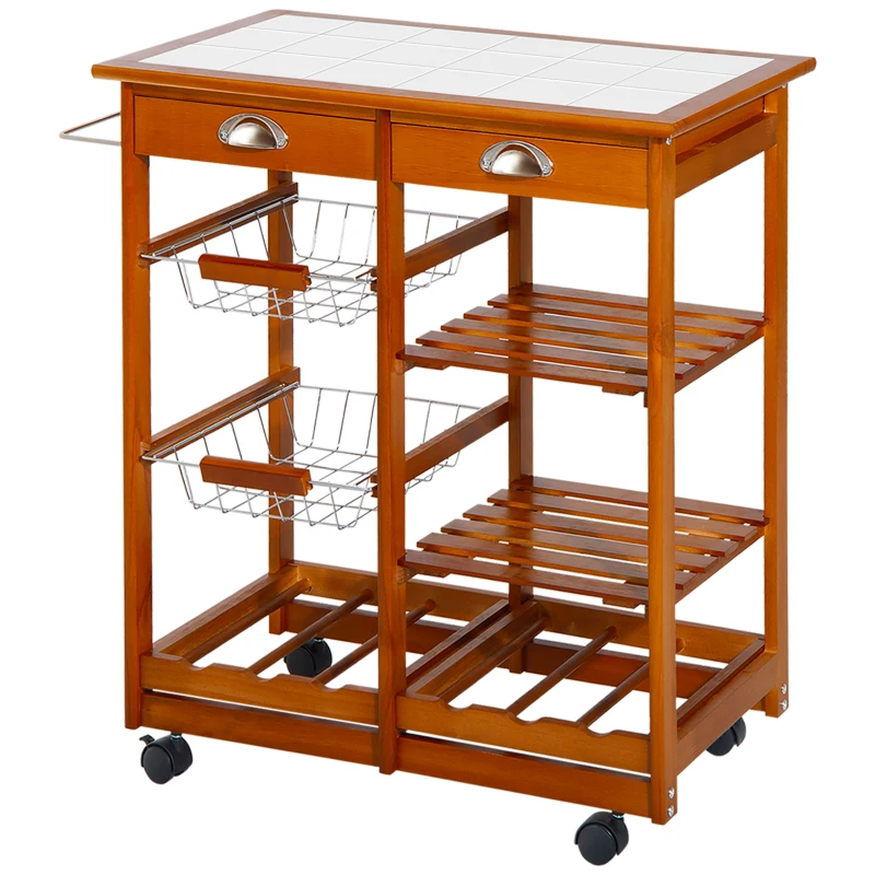 HOMCOM Chariot de Service Cuisine Desserte à roulettes Multi-rangements tiroirs paniers étagères Range Bouteilles Bois de pin