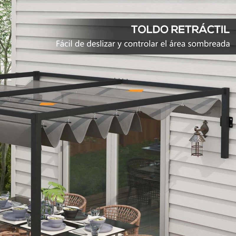 Outsunny Pérgola de Jardín de Pared 297x211x220 cm Cenador con Techo Retráctil y Marco de Acero para Patio Terraza Gris Oscuro
