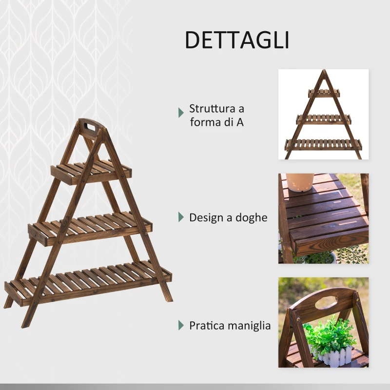 Outsunny Scaffale Porta Vasi a Piramide, Piedistallo per Piante/Fiori, con 3 Ripiani, 86x28x100cm Marrone
