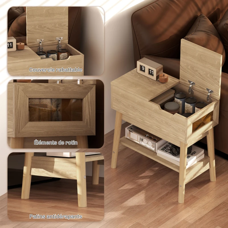 HOMCOM Table d'appoint table basse table de chevet étroite avec plateau rabattable et étagère ouverte grain de bois de chêne
