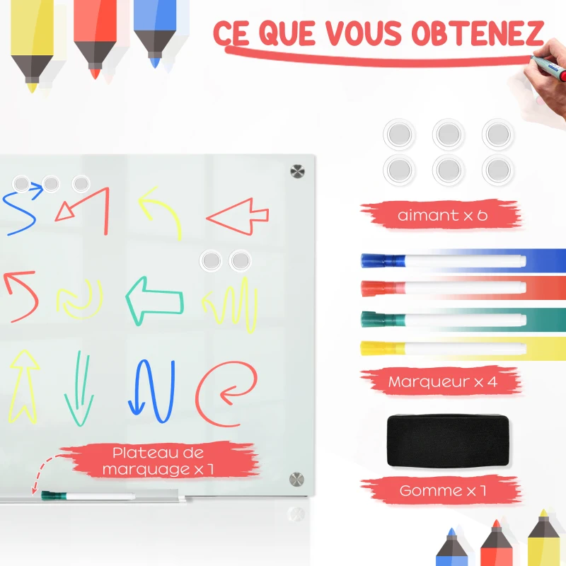 Vinsetto Tableau blanc en verre avec plateau mural sans cadre avec 4 marqueurs et tampon effaceur 90 x 60 cm blanc