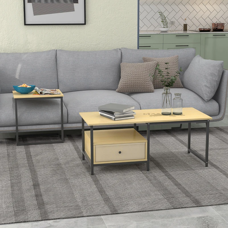 HOMCOM Set da 2 pezzi con Tavolino da Caffè e Tavolino laterale a C in Acciaio e Truciolato, Color legno