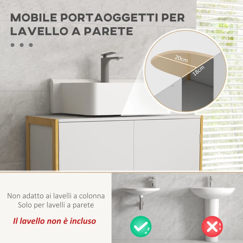 HOMCOM Mobile Sottolavabo Bagno con 2 Ante a Pressione in Bambù e MDF con Intaglio a U, 70x33x79.5cm, Bianco