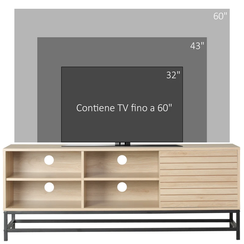 HOMCOM Mobile TV Moderno per TV max 60" in MDF e Acciaio con 4 Ripiani Aperti e Armadietto a 2 Livelli, 140x40x55.3 cm