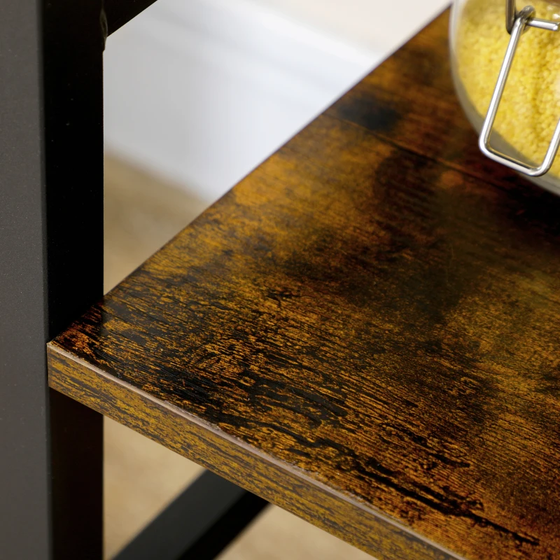 HOMCOM Étagères de cuisine meuble de rangement avec 4 étagères et 4 crochets cadre en acier noir et bois aspect marron