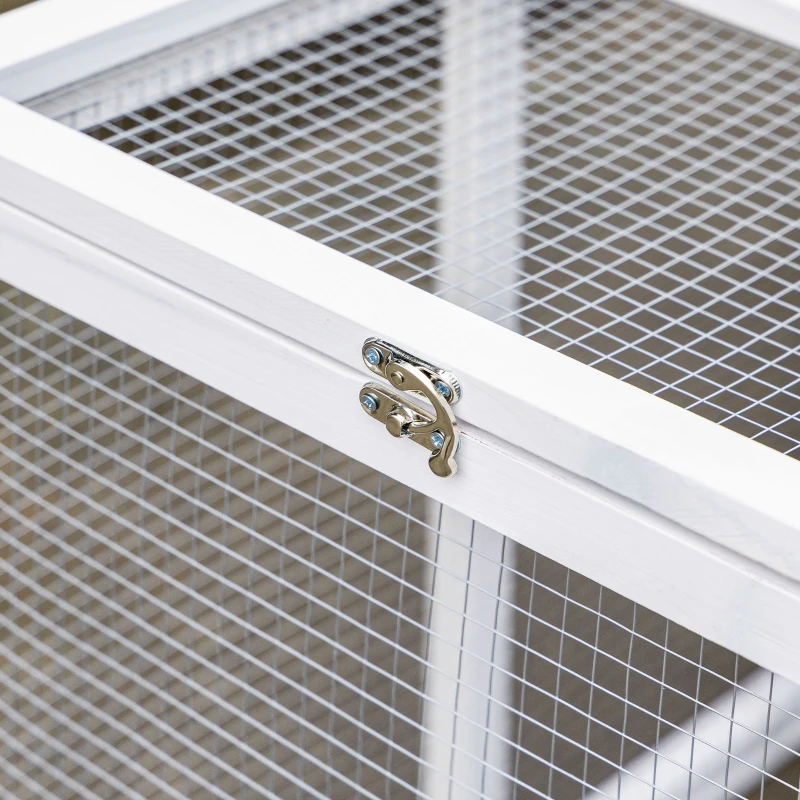 PawHut Clapier cage à lapins cottage - niche supérieure avec rampe et enclos extérieur - plateau coulissant, toit bitumé, 4 portes verrouillables - dim. 128L x 64l x 92H cm bois de sapin blanc gris