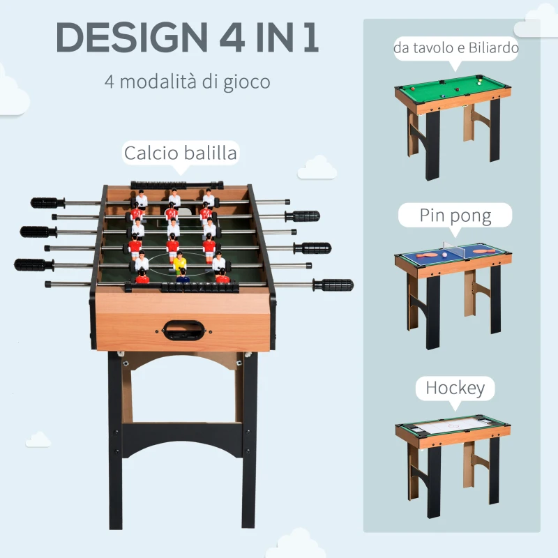 HOMCOM Tavolo Multigioco 4 in 1 con Calcio Balilla, Biliardo, Ping Pong e Hockey da Tavolo, Tavolo da Gioco con Accessori, in Legno MDF, 87x43x73cm, Legno Naturale e Nero