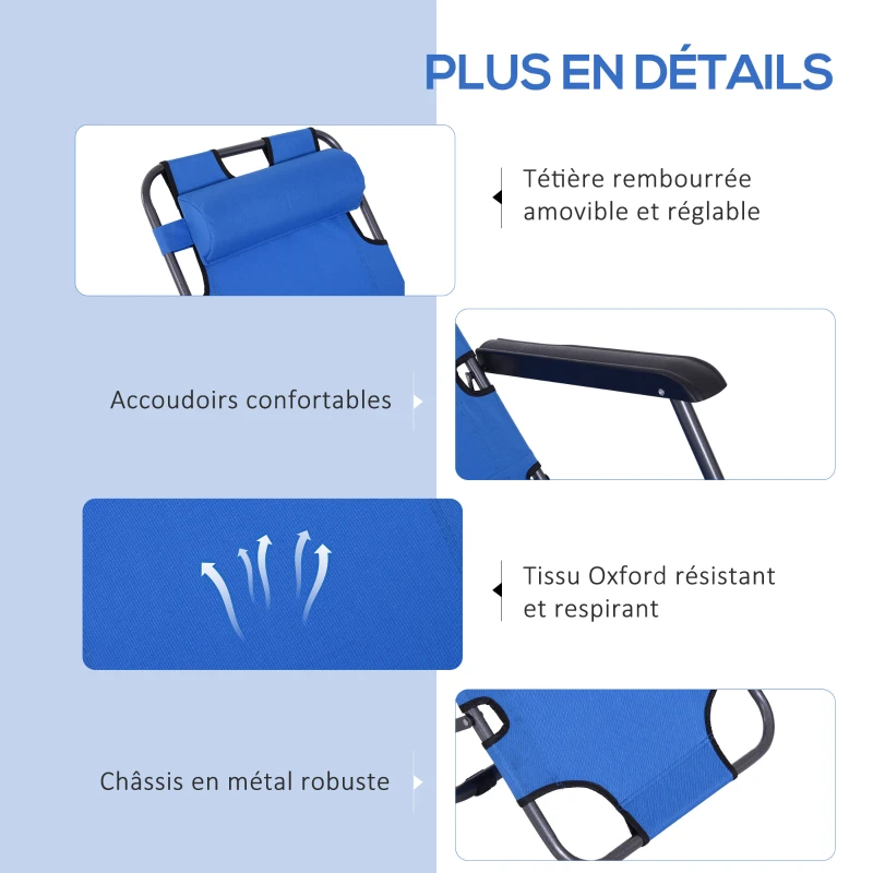Outsunny Chaise Longue Pliable Bain de Soleil fauteuil relax jardin transat de Relaxation Dossier inclinable avec dossier réglable Repose-Pied Polyester Oxford Bleu