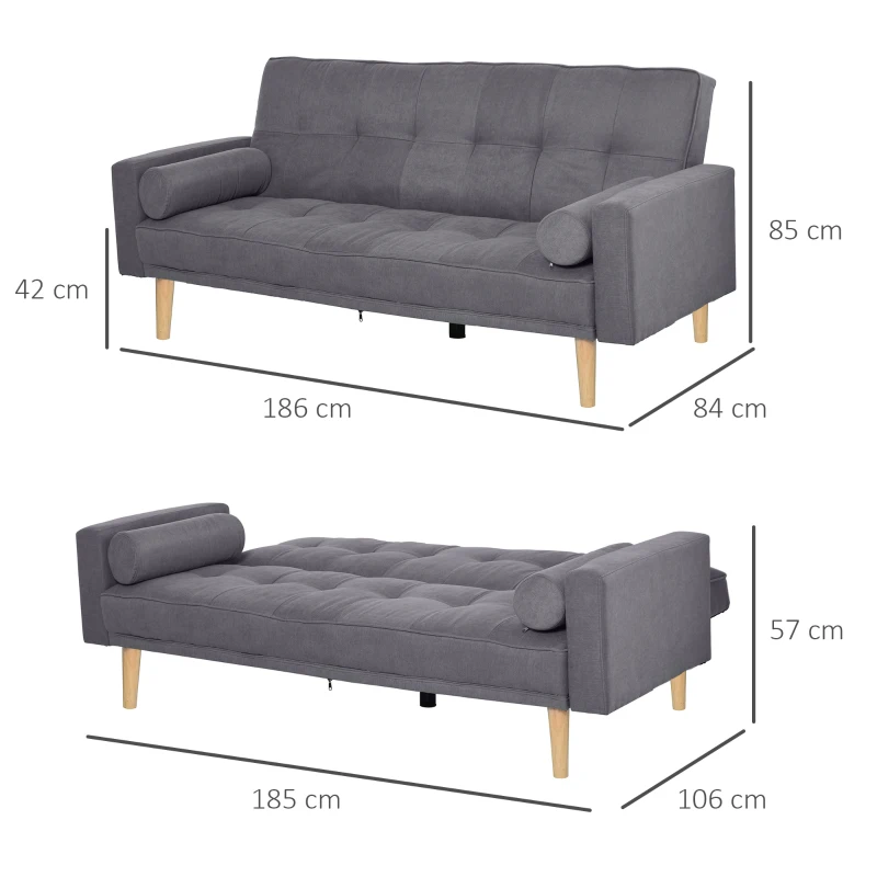 HOMCOM Canapé Convertible 3 Places Design scandinave Dossier inclinable 3 Positions Pieds Bois Tissu Lin Gris
