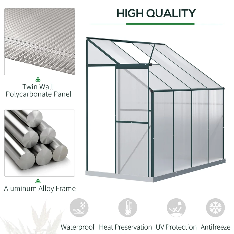 Outsunny 8 X 4ft Walk-In Lean to Greenhouse Garden Heavy Duty Aluminium Polycarbonate with Roof Vent for Plants Herbs Vegetables, Green