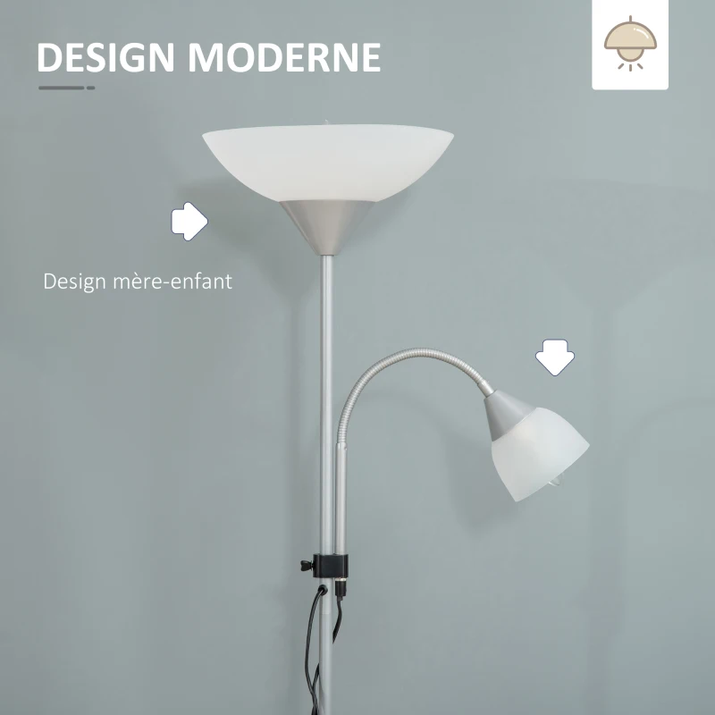 HOMCOM Lampadaire, lampe de salon sur pied avec 2 têtes douille E27 et E14, base en métal dim. Ø28 x 179,5H cm