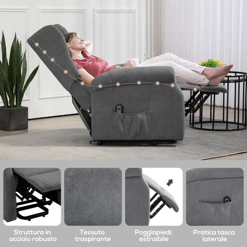 HOMCOM Poltrona Reclinabile Alzapersona con Telecomando, in Tessuto Effetto Lino, 74x94x111 cm, Grigio Scuro