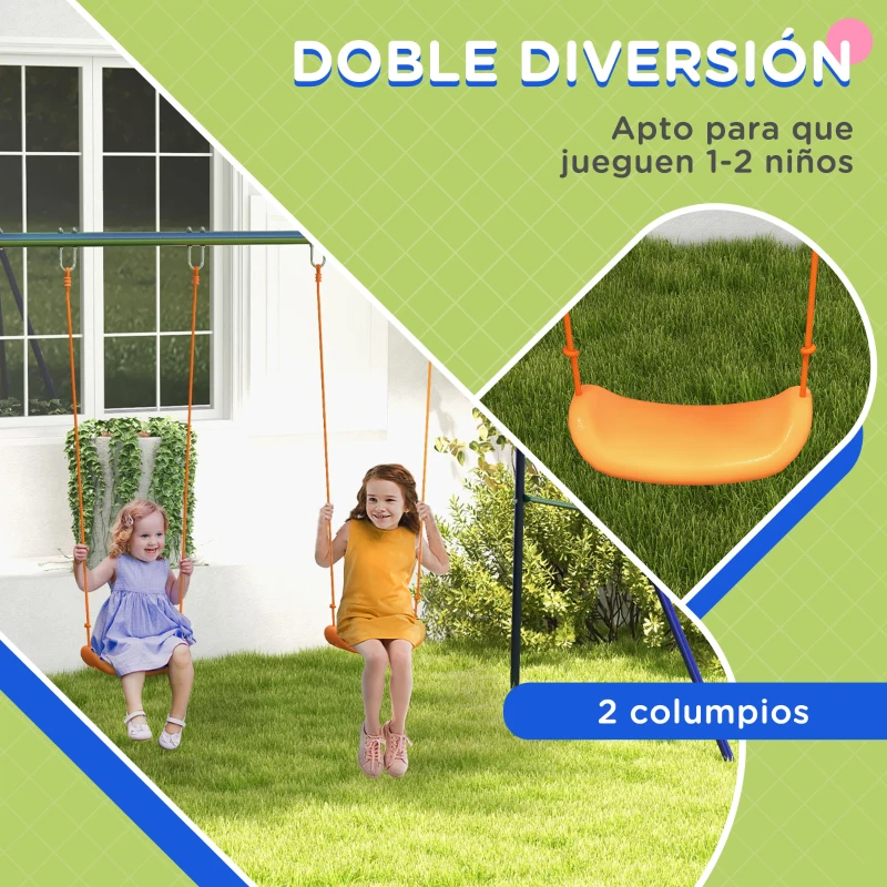 Outsunny Columpio para Niños de 3-8 Años con 2 Sillas Resistente a los Rayos UV y Soporte de Metal Carga 90 kg Multicolor