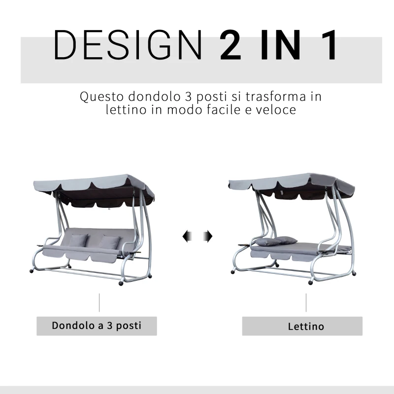 Outsunny Dondolo da Giardino 3 Posti Convertibile in Letto con Tetto Regolabile e Portabicchieri, Dondolo da Esterno in Acciaio e Poliestere, 200x120x164 cm, Grigio
