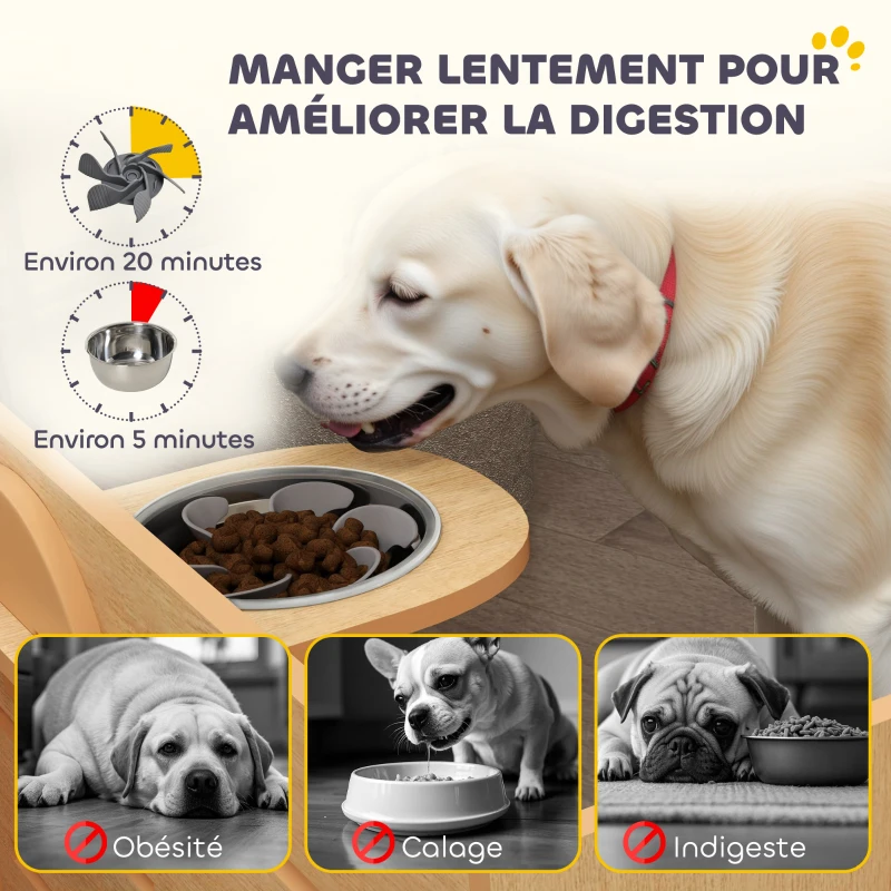 PawHut Gamelle chien surélevée de 3 hauteurs ajustables gamelle pour chien 2 bols acier inoxydable 63 x 58,5 x 40 cm chêne